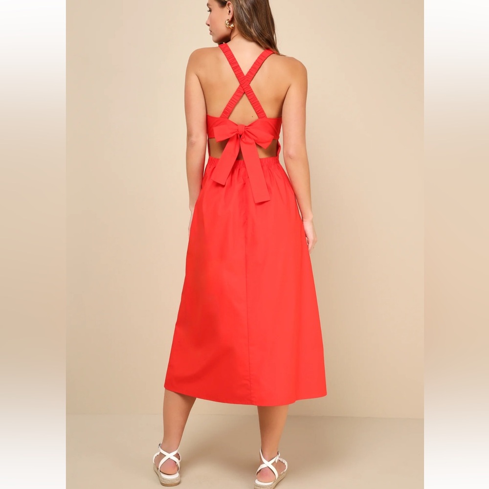 Lulus Strolling Sicily Red Pleated Backless Midi Dress With Pockets size XL - Picture 2 of 6